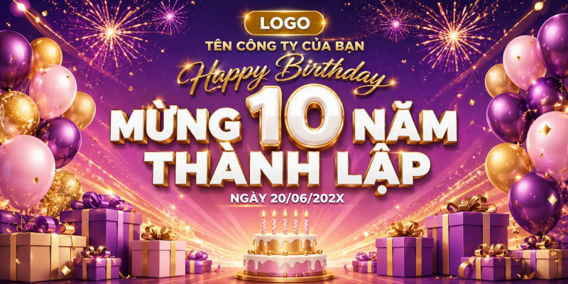 BẢN PROMPT TIẾNG VIỆT HOÀN CHỈNH CHO BACKDROP KỶ NIỆM THÀNH LẬP TONE TÍM HOÀNG HÔN SANG TRỌNG